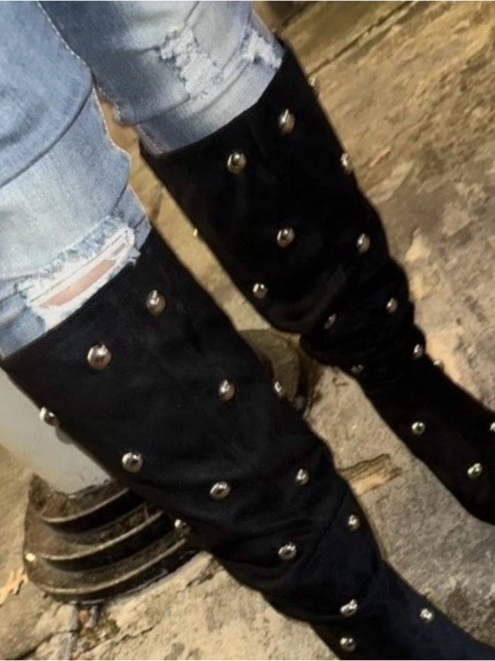 Black Studded Knee-High Pointed Toe Boot - Picture 4 of 4